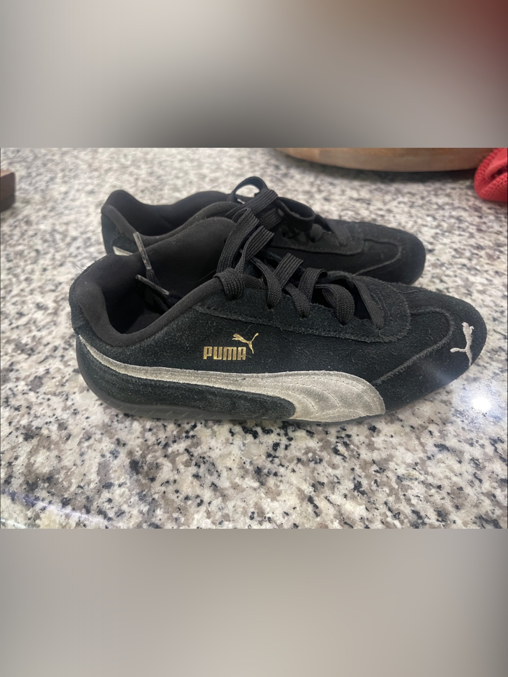 Puma Speedcat Size 1Y Black Suede Sneakers with Silver Stripe and Gold Logo